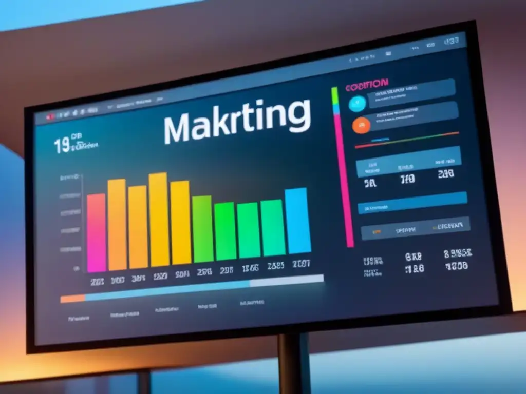 Tablero digital 8k: Retención de clientes en bienes raíces Un moderno panel de control de marketing digital, con gráficos interactivos y diseño futurista