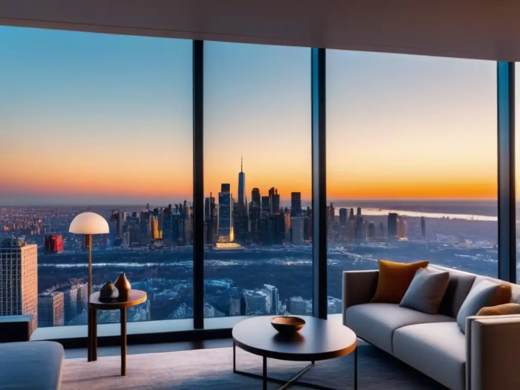 Penthouse de lujo con vista panorámica al atardecer Moderno penthouse con vista panorámica de ciudad al atardecer, elegante y sofisticado