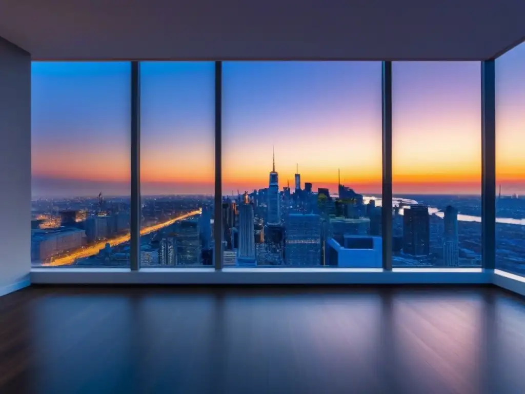 Penthouse de lujo con vistas panorámicas al atardecer Moderno penthouse con vistas al atardecer de la ciudad, destacando la importancia de certificaciones inmobiliarias