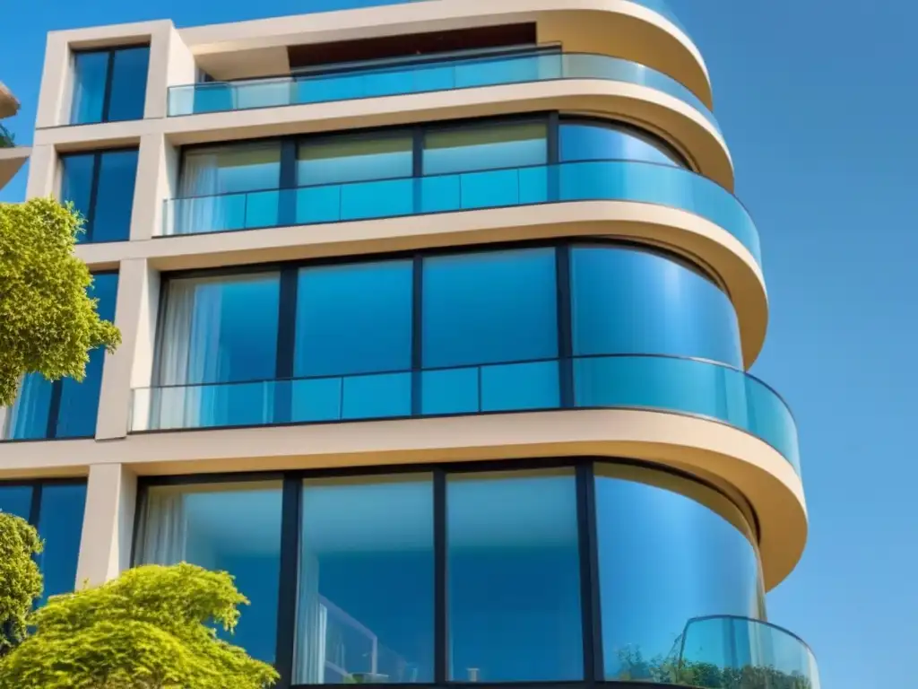Edificio de lujo con fachadas de vidrio en un entorno natural Inversión en un moderno rascacielos rodeado de vegetación, con terraza y mobiliario elegante, resplandeciendo bajo el sol