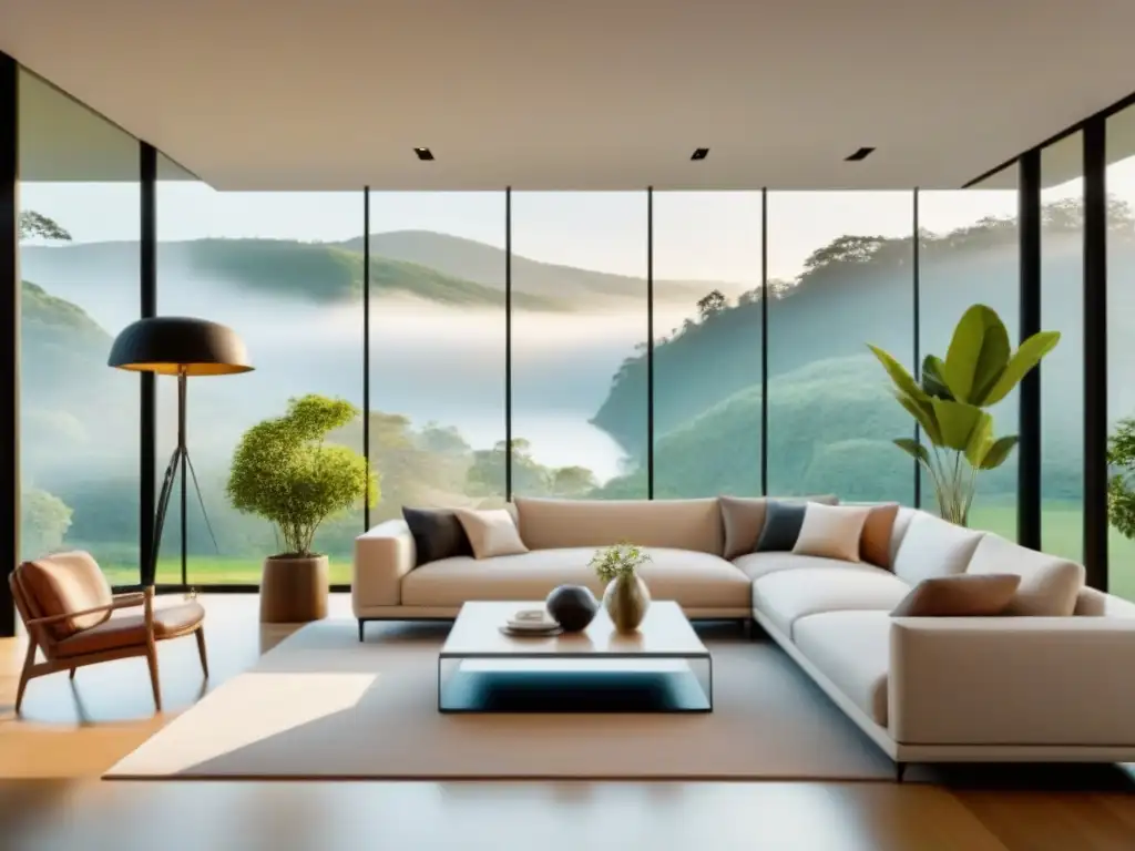 Salón moderno con sistema de seguridad integrado y vistas al jardín Moderno salón con sistema de seguridad integrado y vista a jardín