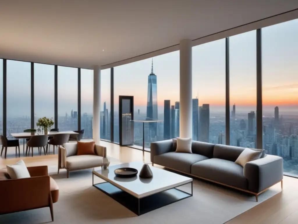 Sala de estar moderna con vista urbana de lujo Moderno salón con vista urbana desde ventanales, muebles contemporáneos y ambiente cálido