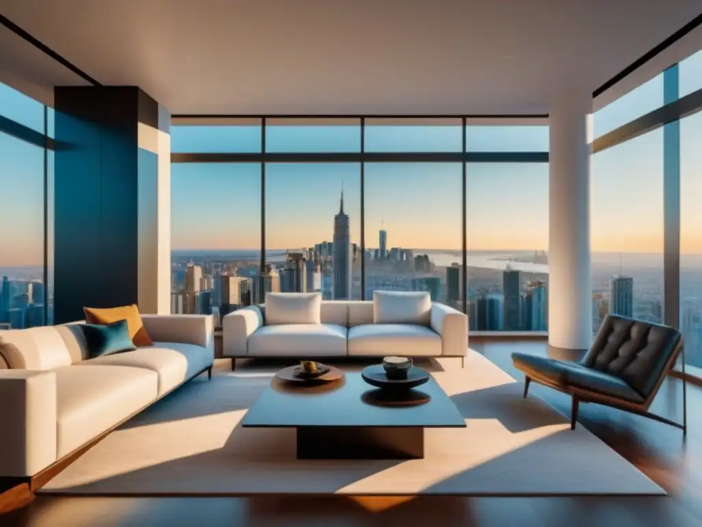 Salón moderno con VR y vista urbana en 8k Un moderno salón con vistas panorámicas a la ciudad, amueblado con estilo y tecnología