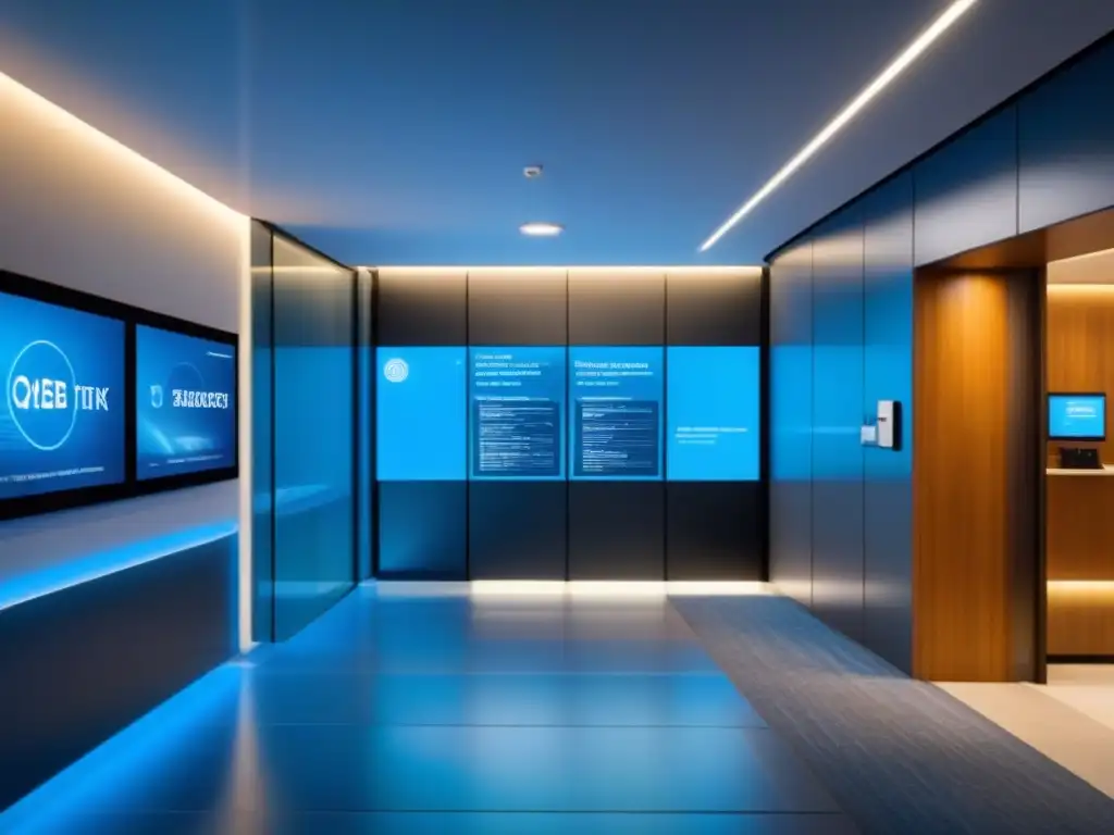Recepción futurista con biometría en edificio de oficinas Un moderno vestíbulo de oficina en un edificio de altura, con un sofisticado sistema de seguridad y tecnología futurista