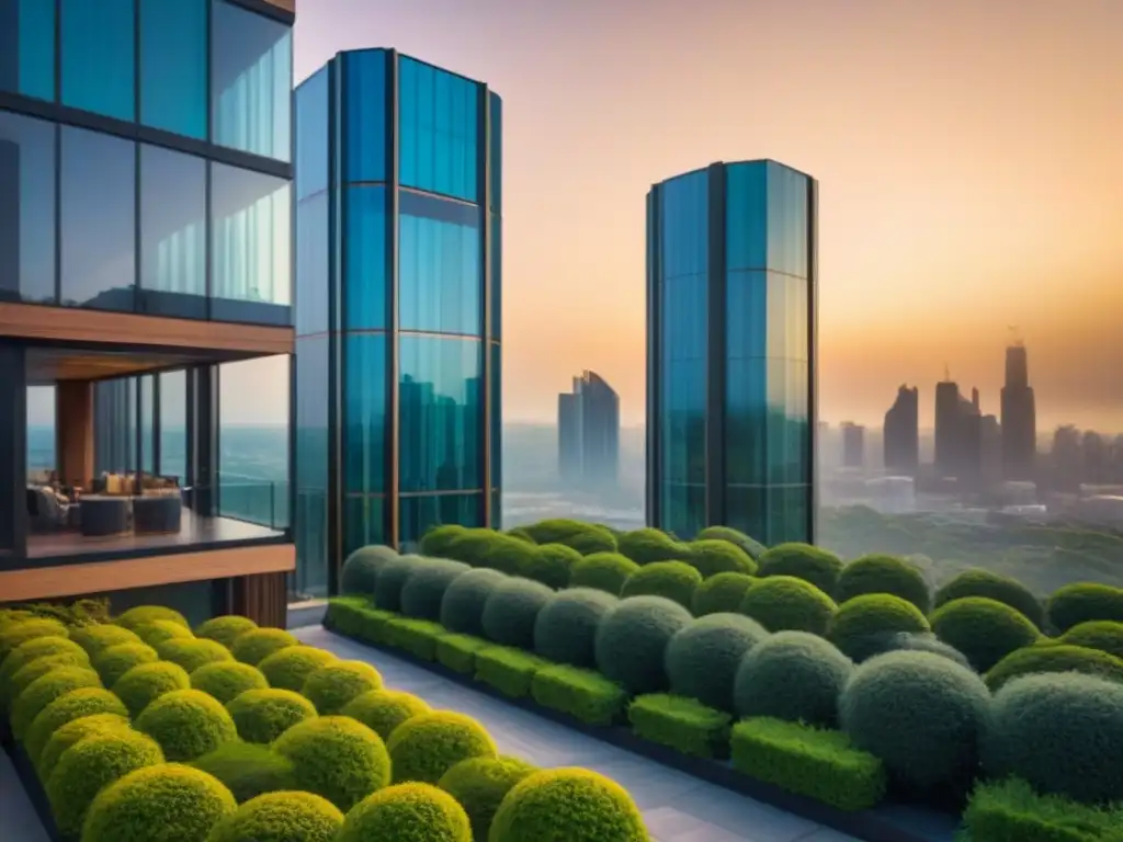 Complejo de lujo al atardecer: arquitectura moderna y prosperidad urbana Modernos rascacielos de lujo al atardecer, con diseño arquitectónico elegante y vidrios de piso a techo reflejando la luz dorada del sol