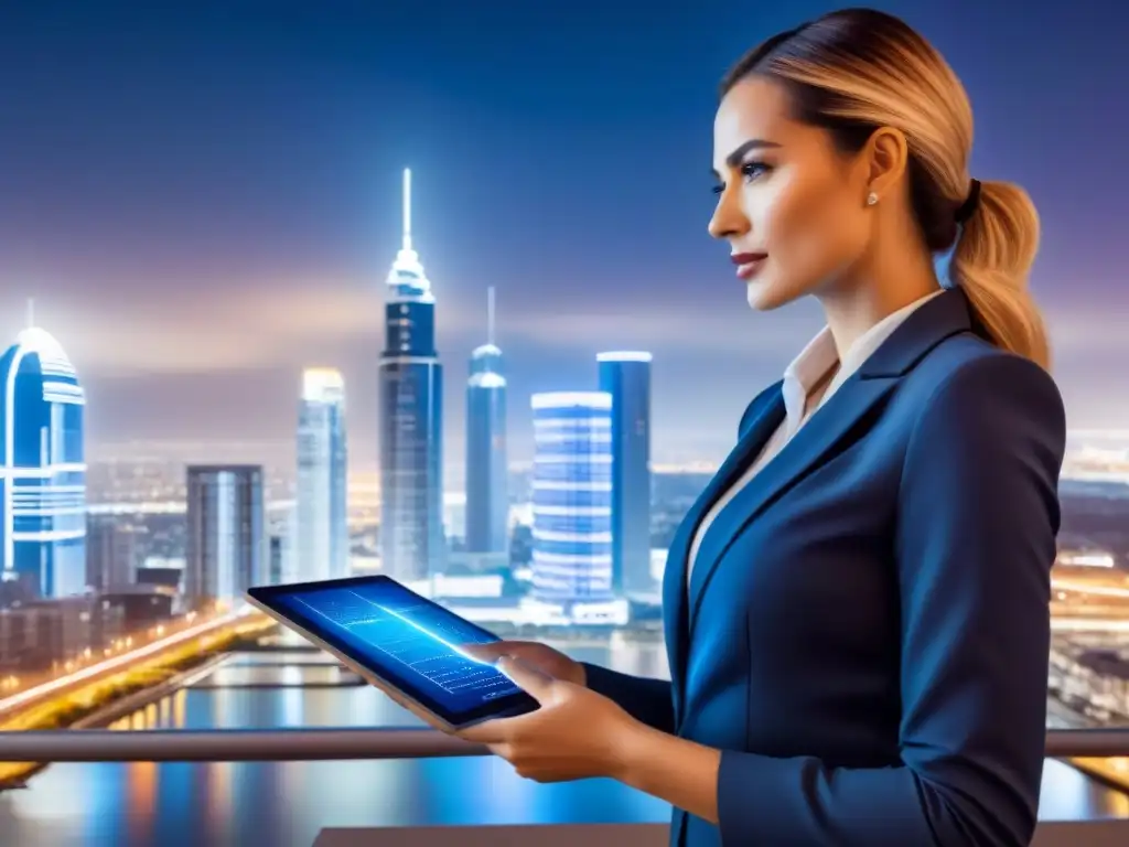 Real Estate: Innovación AI en Evaluación Inmobiliaria Mujer profesional en ciudad futurista nocturna, analizando planos en tablet