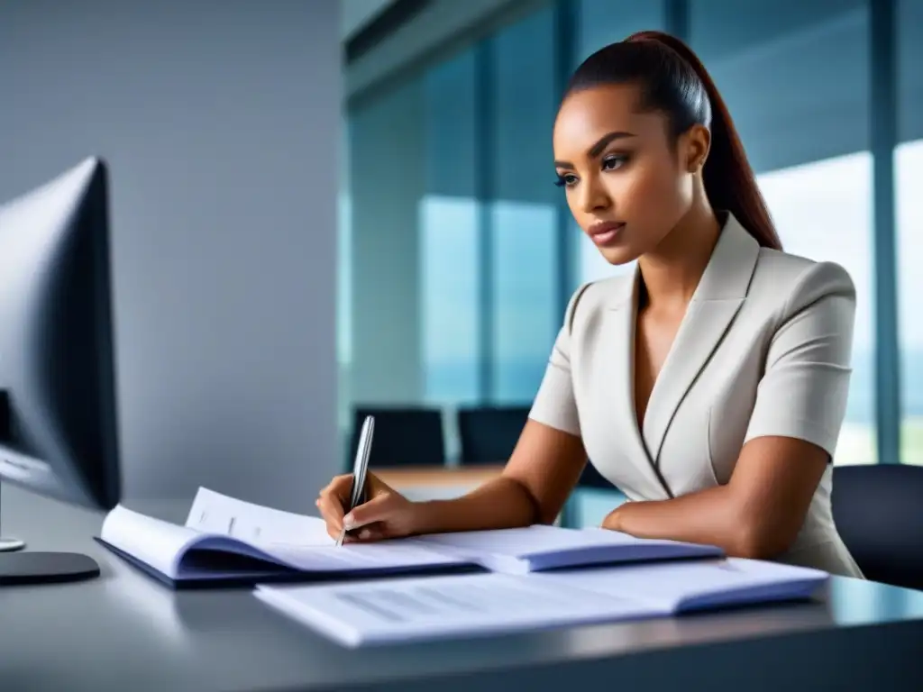 Mujer profesional revisando documentos financieros con determinación Mujer profesional revisando documentos financieros en oficina moderna