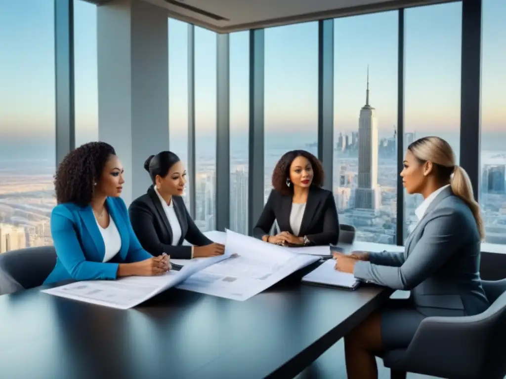Reunión diversa de mujeres en la industria inmobiliaria Mujeres rompiendo barreras en financiamiento inmobiliario, diversidad y empoderamiento en reunión de trabajo