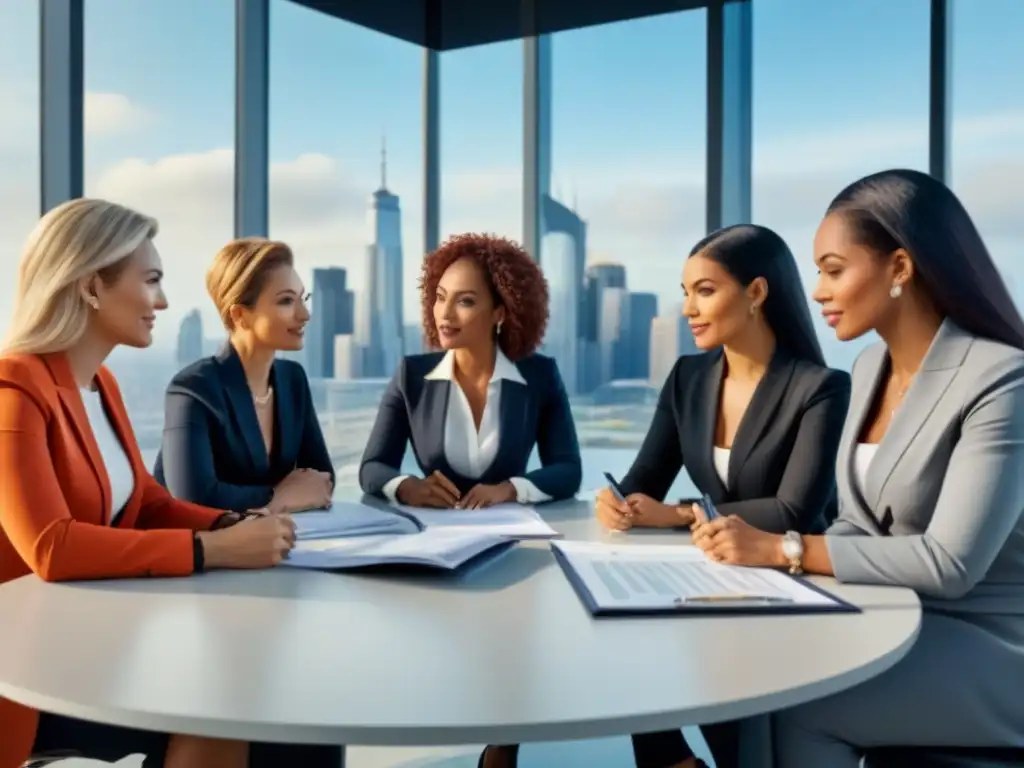 Mujeres emprendedoras en reunión estratégica: diversidad y éxito Mujeres emprendedoras de diferentes edades y etnias discuten estrategias financieras en una oficina moderna, mostrando confianza y determinación