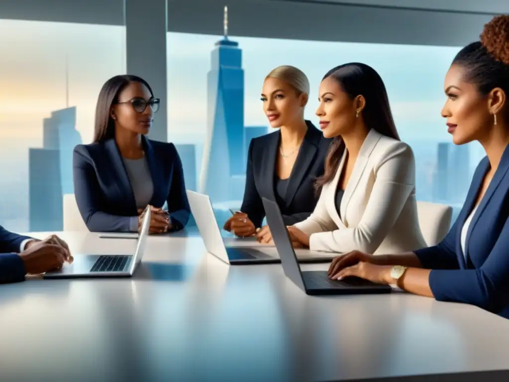 Empoderadas empresarias planificando estrategias inmobiliarias en oficina moderna Mujeres emprendedoras planifican estrategias financieras y de bienes raíces en una oficina moderna con vista a la ciudad