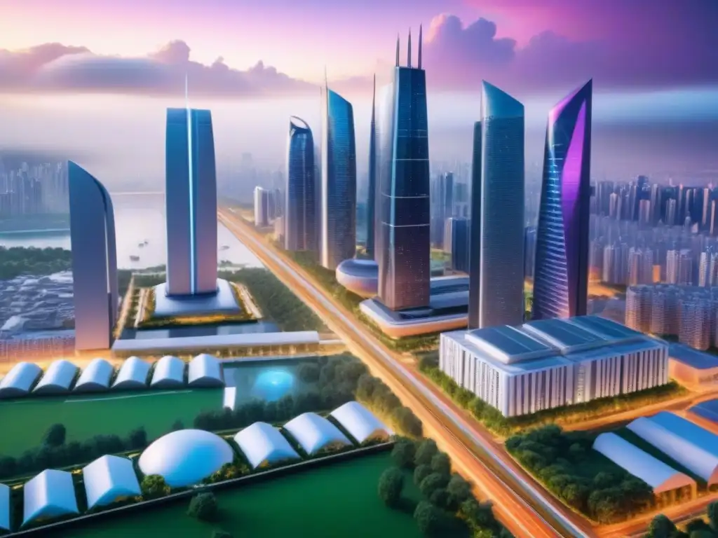 Un mundo futurista con rascacielos modernos rodeados de parques verdes, autos autónomos y la interacción de personas con interfaces digitales
