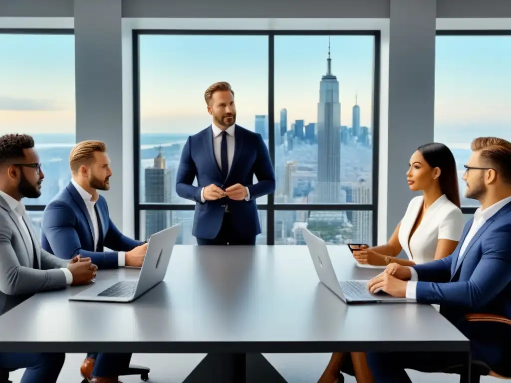 Negociación inmobiliaria multicultural en oficina moderna Una negociación inmobiliaria multicultural en una oficina moderna con vista a la ciudad