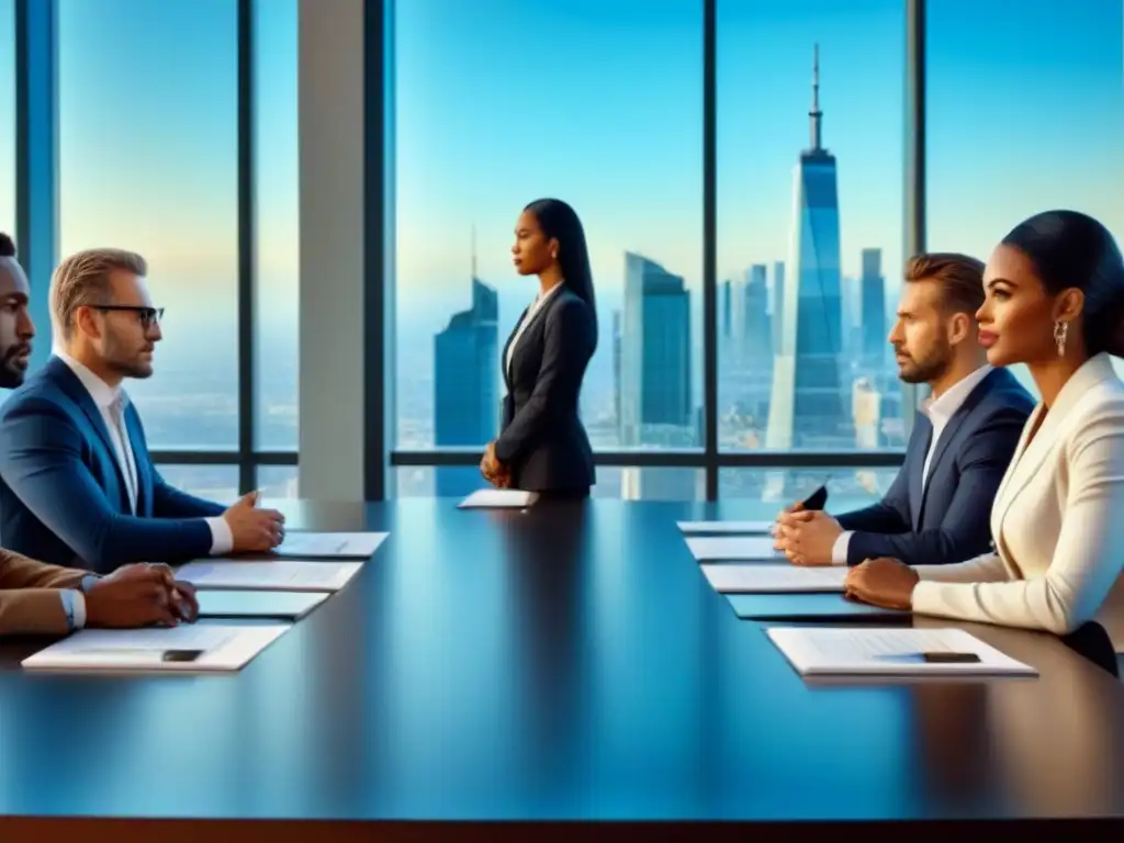 Negociación profesional en sala contemporánea Una negociación con prestamistas tras rechazo: Equipo diverso colaborando en una sala moderna, con ventana urbana de fondo