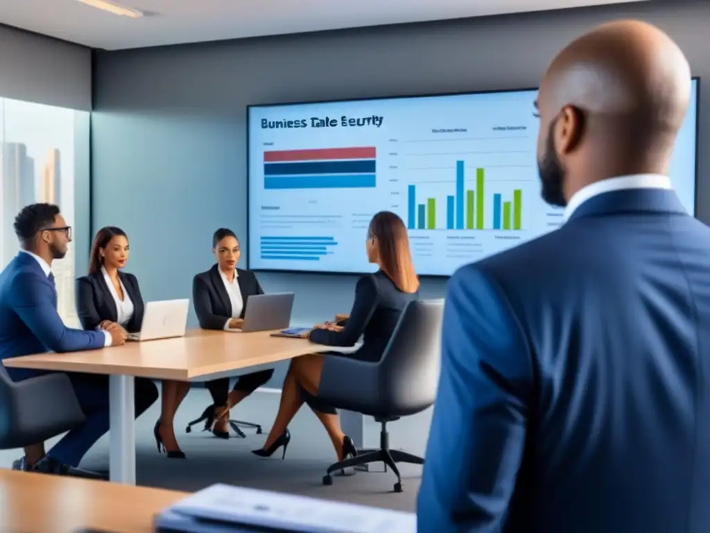 Profesionales debaten seguridad en inversiones inmobiliarias Nueva oficina con profesionales debatiendo medidas de seguridad en préstamos inmobiliarios