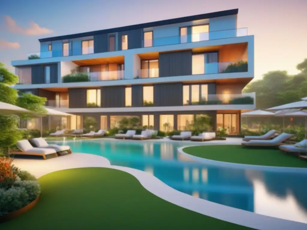 Comunidad de retiro futurista: arquitectura moderna y naturaleza en armonía Un oasis futurista para adultos mayores: moderna arquitectura, naturaleza exuberante y residentes disfrutando de actividades
