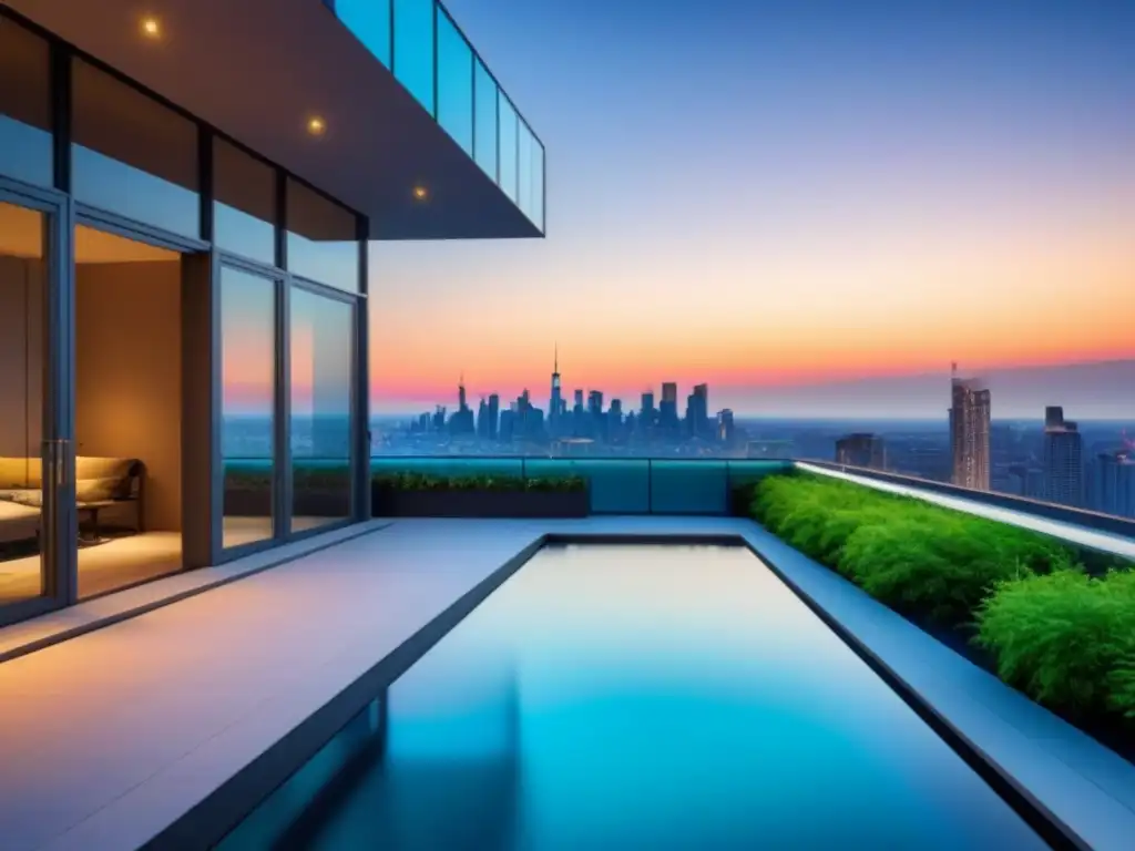 Edificio de apartamentos de lujo al atardecer en la ciudad Un oasis de lujo urbano al atardecer con piscina en la azotea y vistas a la ciudad