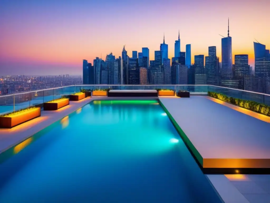Edificio de lujo con vista panorámica y terraza exclusiva al atardecer Un oasis de lujo urbano al atardecer con piscina en la azotea y terraza chic