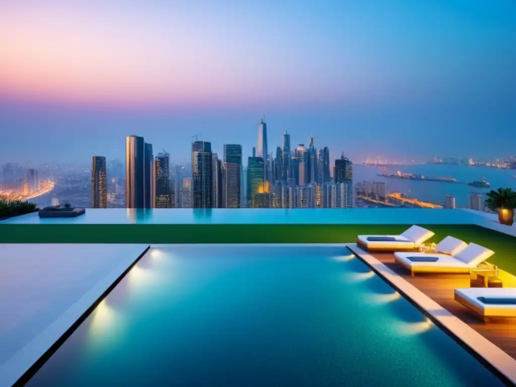 Edificio de lujo con piscina infinita en la azotea Un oasis urbano: edificio de lujo con ventanales que reflejan el horizonte al anochecer, terraza con piscina infinita y mobiliario elegante