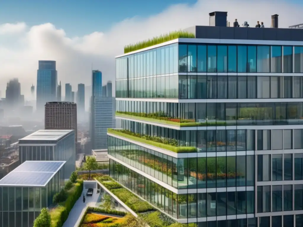 Edificio moderno con jardín sostenible y paneles solares Un oasis urbano: edificio moderno con jardín verde en la azotea y paneles solares, muestra la ética en inversiones inmobiliarias