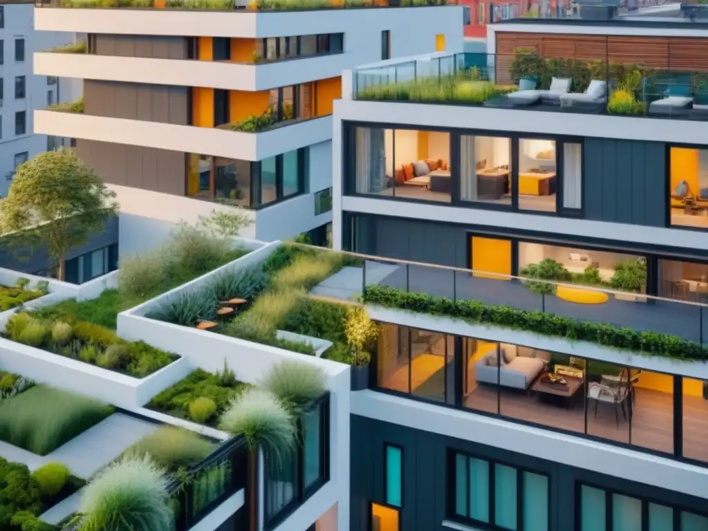 Coliving sostenible y moderno con jardín en la azotea Un oasis urbano: Espacios de vivienda compartidos tendencias con jardín en la azotea, diseño sostenible y residentes diversos socializando