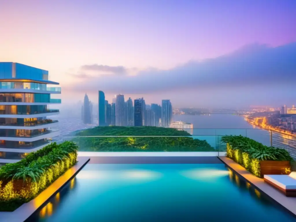 Condominio de lujo con vistas panorámicas al atardecer en la ciudad Un oasis urbano de lujo con diseño arquitectónico moderno y vistas panorámicas al atardecer