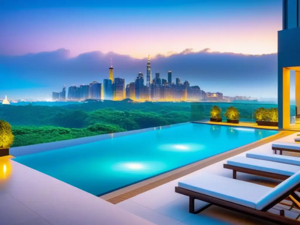 Complejo de apartamentos de lujo en la ciudad: modernidad y sofisticación Un oasis urbano de lujo con exteriores de cristal, vegetación exuberante y piscina reluciente, en contraste con el horizonte de una ciudad vibrante