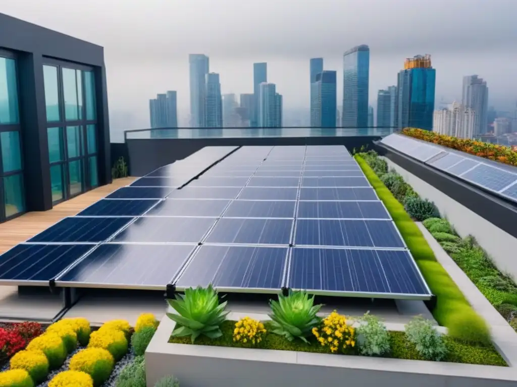 Jardín verde en azotea sostenible: oasis urbano Un oasis urbano sostenible en la azotea de un edificio moderno, con paneles solares y vegetación exuberante, integrando prácticas ecofriendly