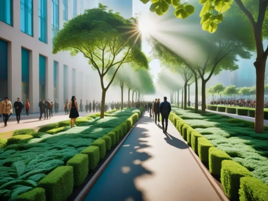 Metrópolis verde: armonía entre naturaleza y modernidad Un oasis urbano vibrante con espacios verdes integrados, beneficios del desarrollo urbano