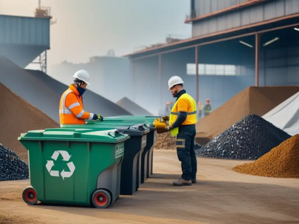 Eficiente gestión de residuos en obra: trabajadores reciclando en un sitio de construcción moderno Obreros en obra reciclando, destacando mejores prácticas gestión residuos construcción