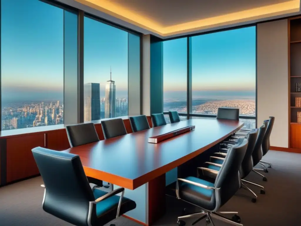 Sala de conferencias legal de lujo con diseño moderno y profesional Oficina de abogados elegante para negociaciones de arrendamiento con vista a la ciudad y luz natural