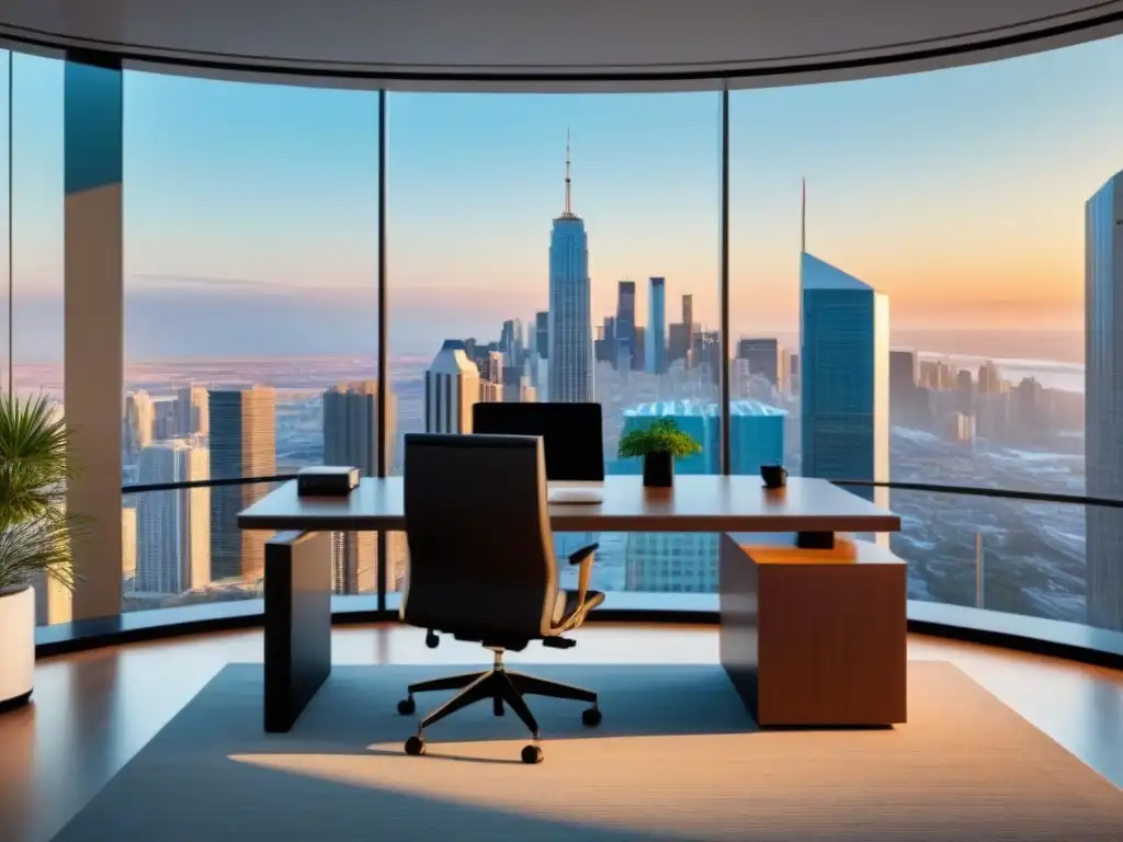 Oficina de asesor financiero: diseño moderno y profesional Oficina de asesor financiero con vista a la ciudad, diseño minimalista y gráficos de inversiones