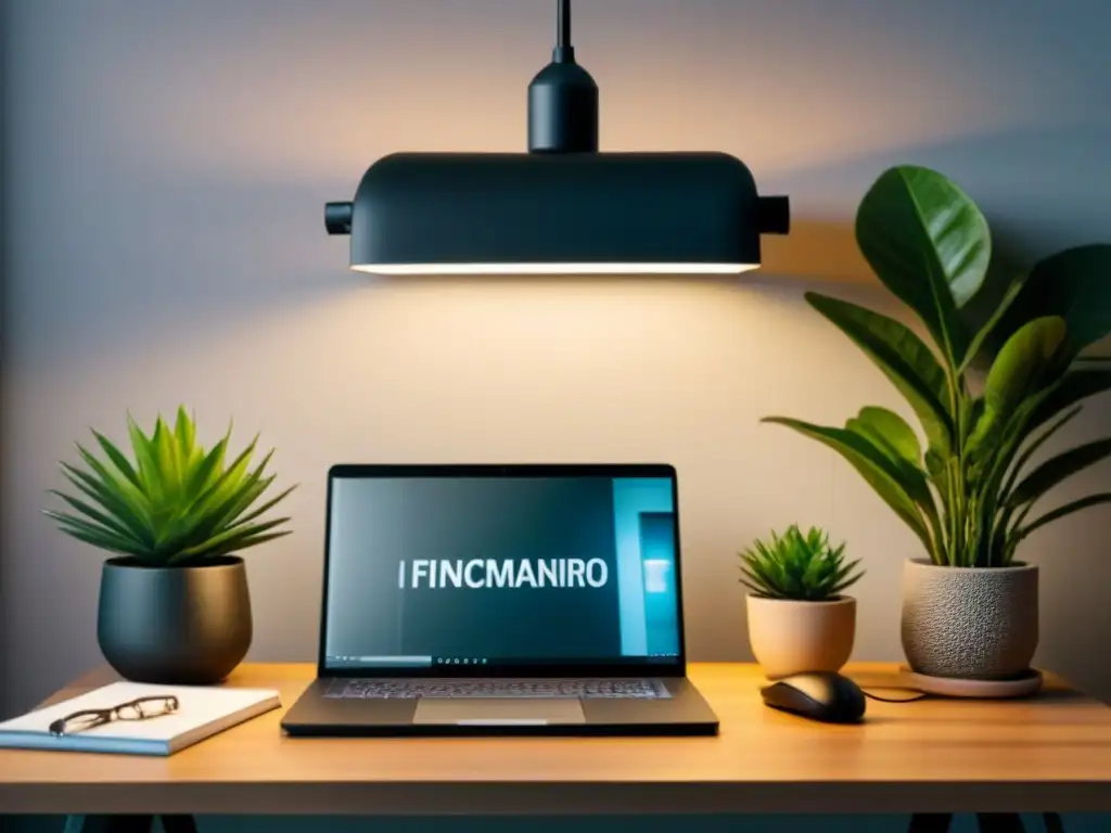 Oficina en casa elegante con eBook de Financiamiento Inmobiliario Oficina en casa moderna con eBook 'Guía financiamiento inmobiliario' y elementos elegantes