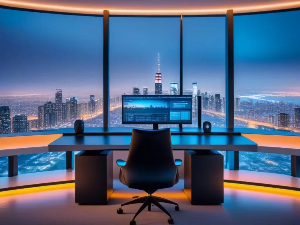 Oficina doméstica futurista: tecnología y inversión inmobiliaria Oficina en casa moderna con tecnología en inversión inmobiliaria