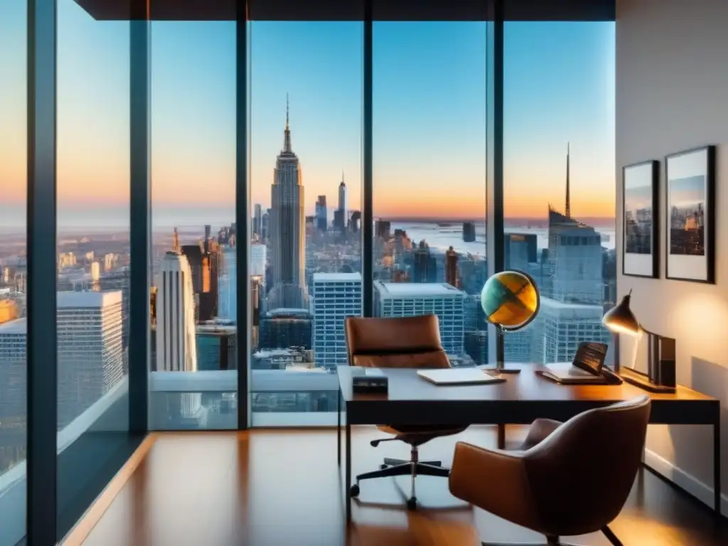 Oficina de lujo con vista a la ciudad y elementos de alta gama Oficina de consultoría fiscal con vista a la ciudad, escritorio moderno, informes financieros y globos terráqueos, libros y arte contemporáneo