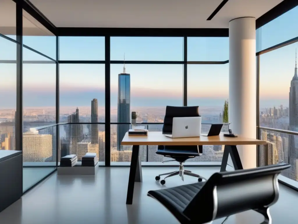 Oficina contemporánea con vista urbana y elegancia profesional Oficina contemporánea con vista panorámica a la ciudad