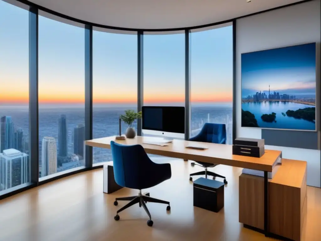 Oficina de marketing inmobiliario en ciudad cosmopolita Oficina contemporánea con vista urbana, escritorio elegante y estrategias marketing omnicanal promotores inmobiliarios