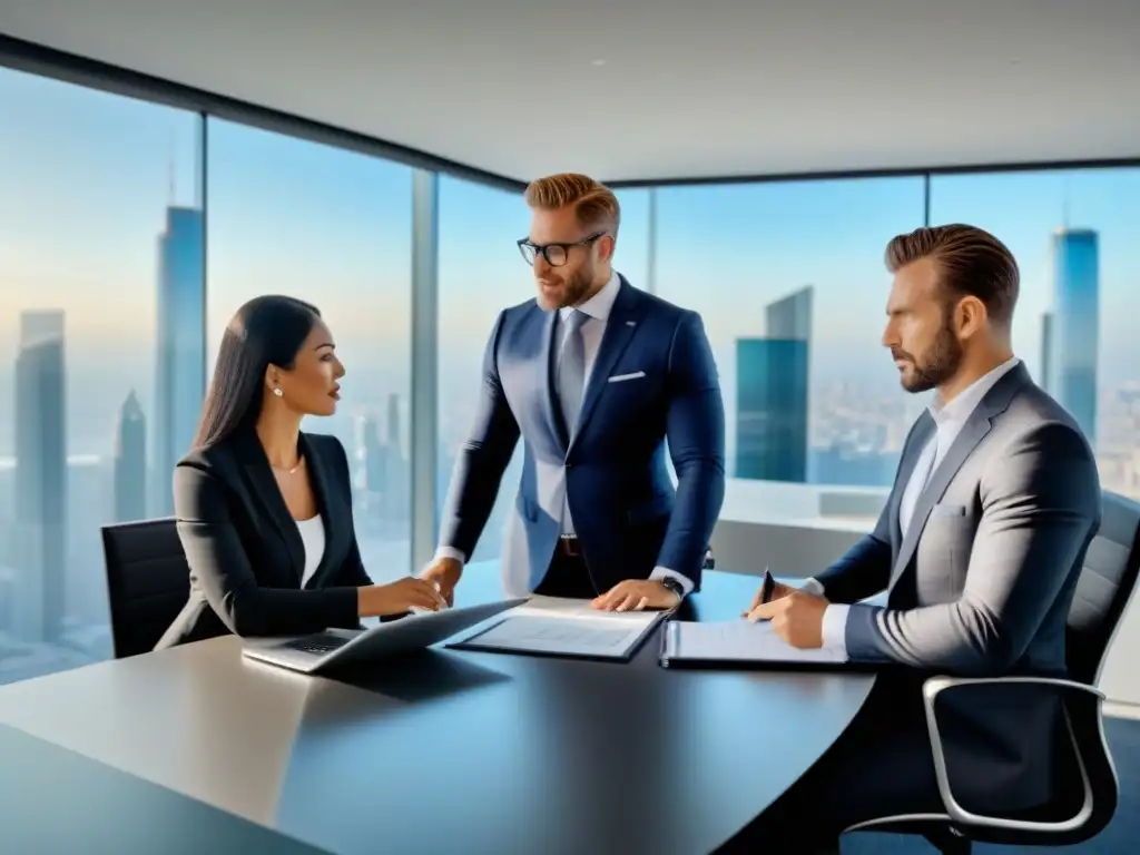 Oficina moderna en la ciudad: agente inmobiliario explica certificaciones Oficina elegante con vista a la ciudad, agente inmobiliario discutiendo certificaciones con cliente