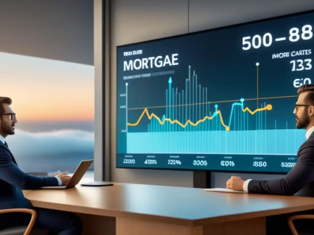 Oficina financiera moderna: comparativa hipotecas fija y variable Una oficina financiera moderna con gráficos de créditos hipotecarios fijos y variables