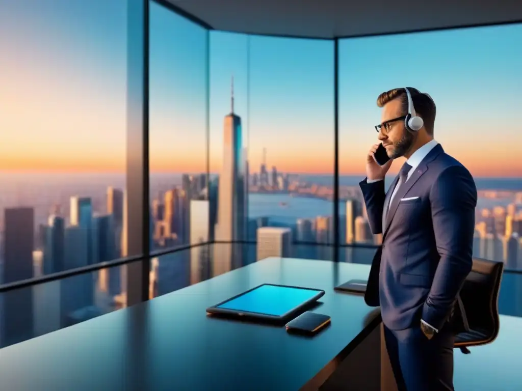 Oficina de inversión financiera ultramoderna con vista a la ciudad Una oficina financiera moderna con ventanales de piso a techo y vista a la ciudad