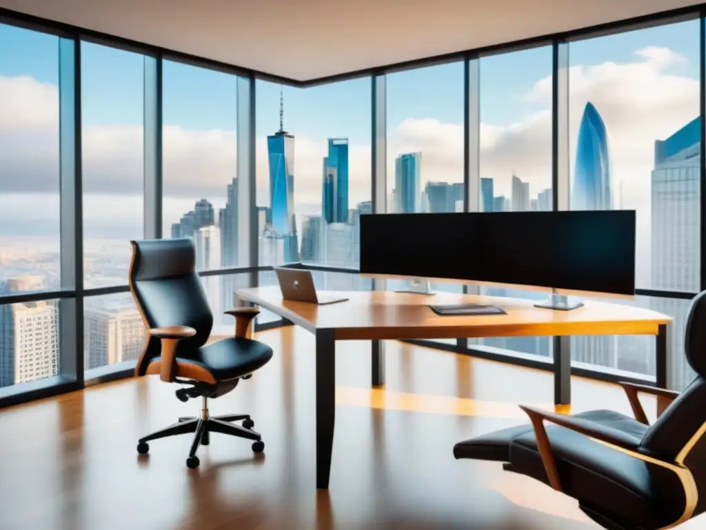 Oficina financiera moderna y elegante con vista panorámica Oficina financiera moderna con vista panorámica a la ciudad y escritorio elegante