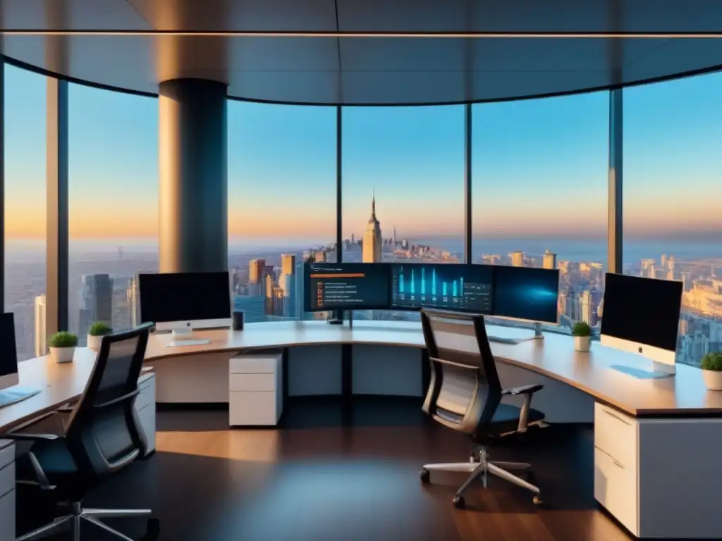 Oficina financiera moderna y elegante con vista a la ciudad Una oficina financiera moderna con vista a la ciudad, decoración minimalista y profesionales discutiendo estrategias de inversión