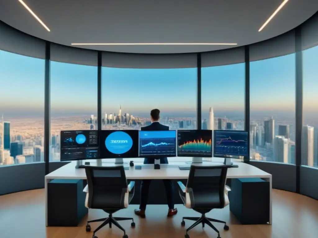 Oficina futurista de alta tecnología: innovación y eficiencia Oficina futurista con alta tecnología y profesionales colaborando en Gestión inmobiliaria financiera optimizada