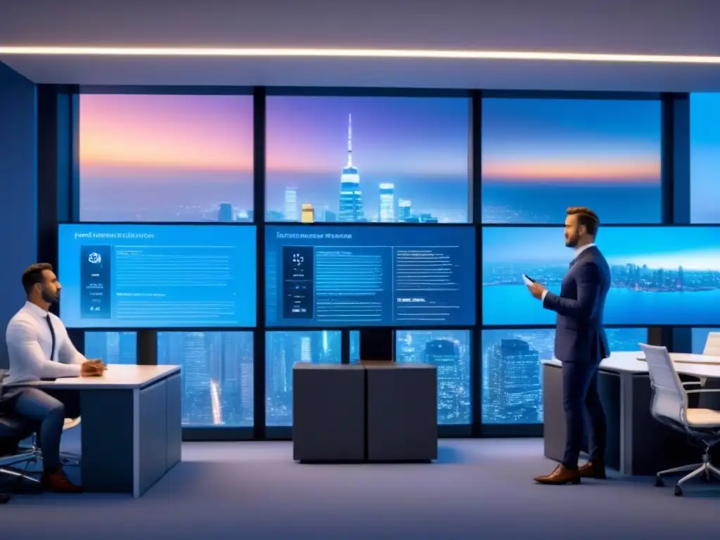 Oficina futurista con asistente holográfico interactuando con asesores financieros en ambiente colaborativo Una oficina futurista con asistente holográfico y asesores financieros discutiendo tendencias inmobiliarias en pantallas digitales transparentes