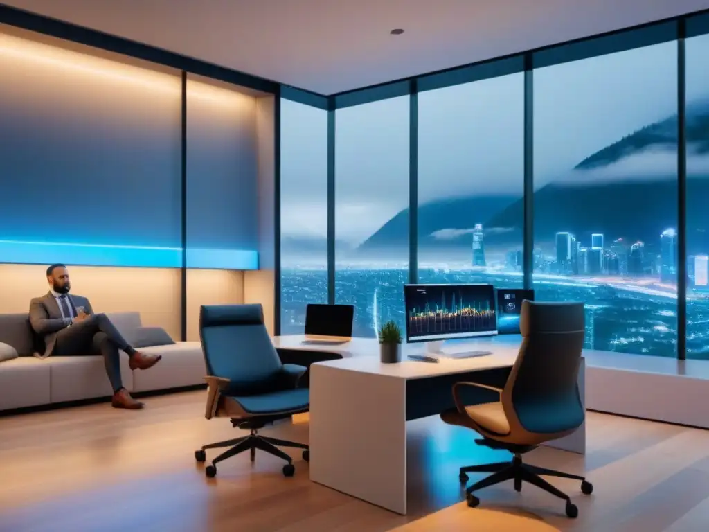 Oficina Futurista con IA para Financiamiento Inmobiliario Oficina futurista de empresas financiamiento inmobiliario IA con tecnología avanzada integrada de forma innovadora