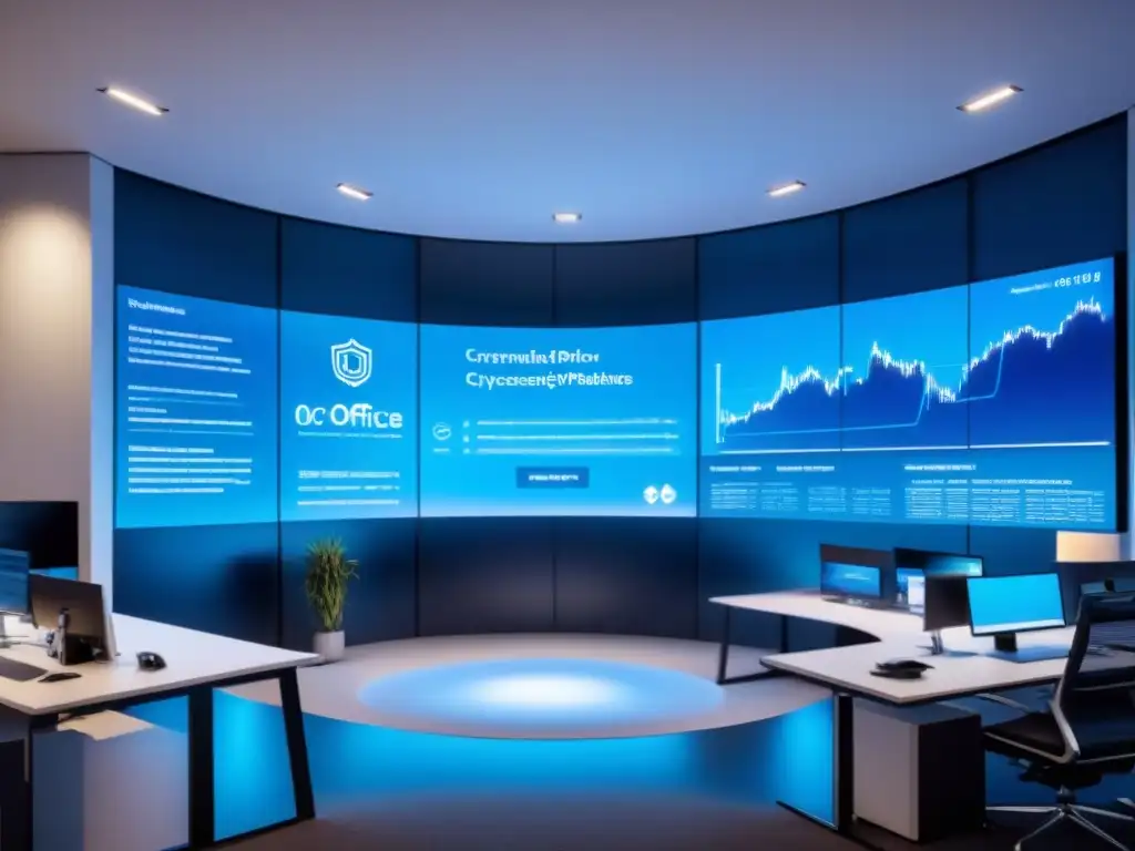 Oficina futurista: Brechas de seguridad en financiamiento inmobiliario Oficina futurista con icono de candado digital y datos fragmentados, representando brechas seguridad financiamiento inmobiliario