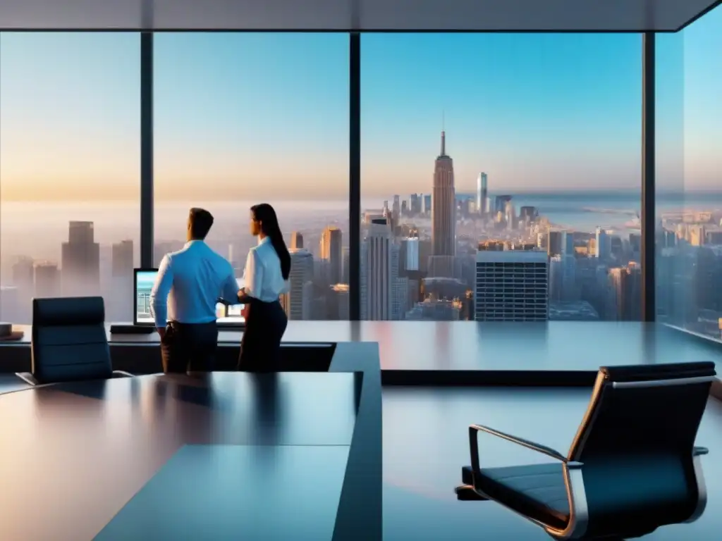 Oficina futurista con tecnología de vanguardia y equipo diverso en reunión Oficina futurista con profesionales usando Apps de gestión inmobiliaria online