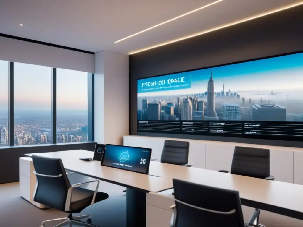 Oficina futurista con sistema de evaluación de préstamos automatizado Una oficina futurista con sistema de evaluación de préstamos automatizado en pantalla