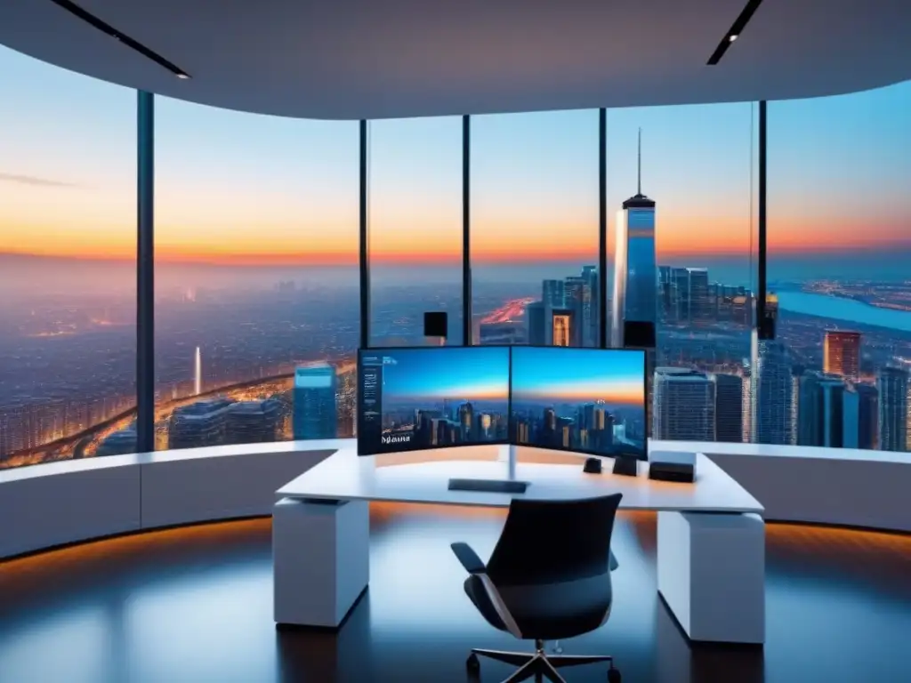Oficina futurista de alta tecnología en ciudad Oficina futurista con tecnología avanzada para las mejores aplicaciones de gestión inmobiliaria