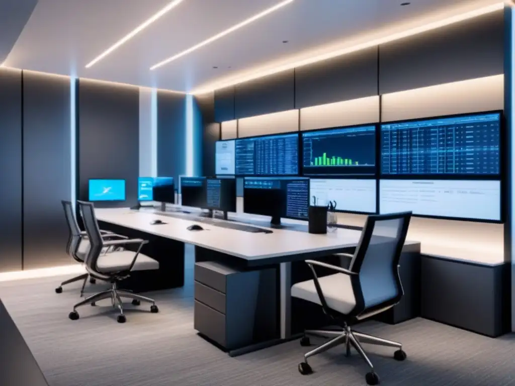Oficina futurista con tecnología de vanguardia en 8k Oficina futurista con tecnología avanzada y estación de análisis financiero