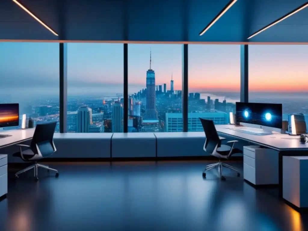 Oficina futurista 8k con robots y tecnología avanzada Oficina futurista con tecnología avanzada y eficiencia operativa en finanzas inmobiliarias